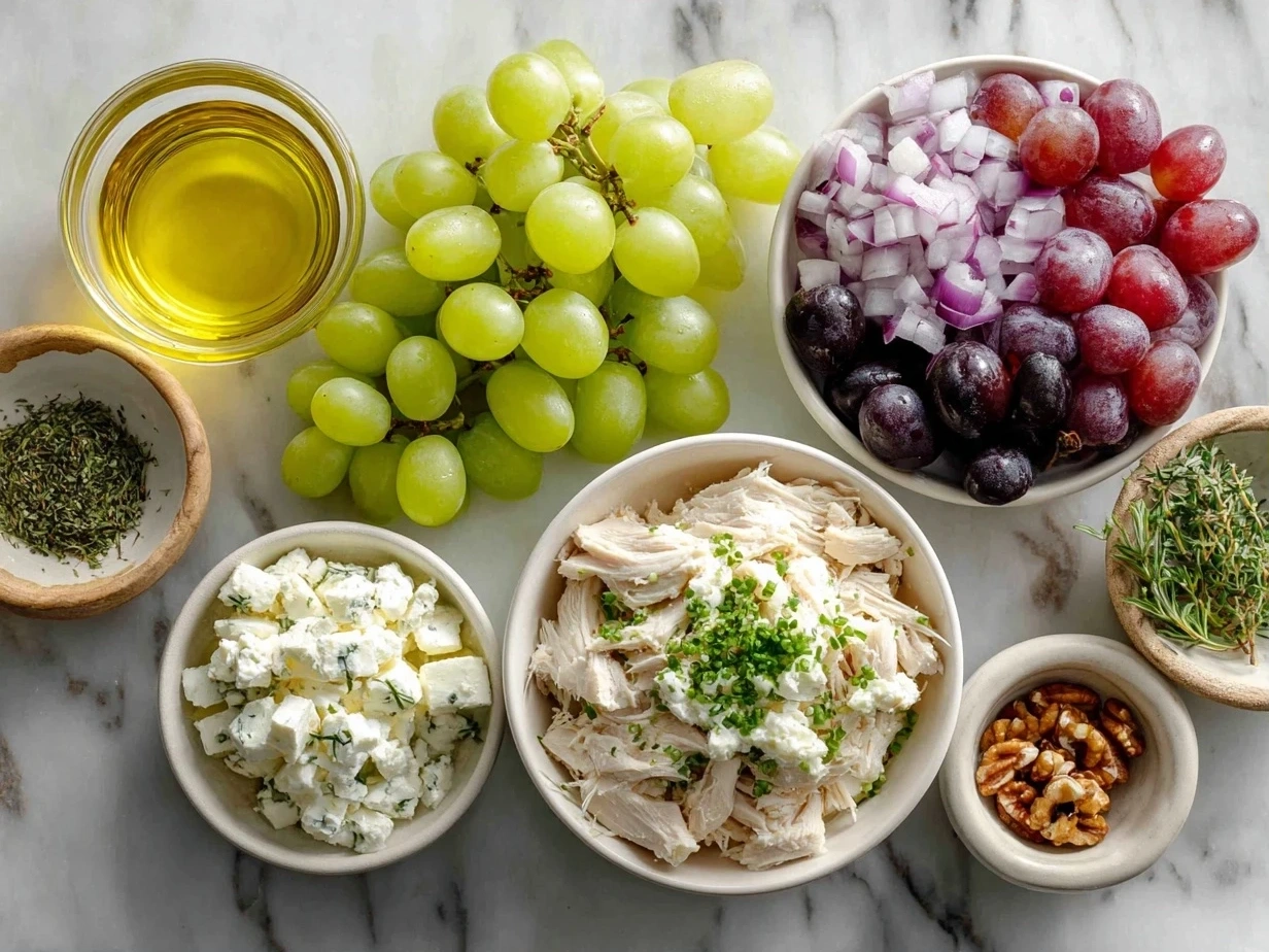 Top down view of raw ingredients for Chicken Salad Chick Grape Salad including grapes, cream cheese, sour cream, sugar, nuts, and vanilla