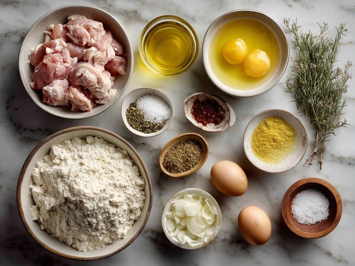 Top down view of raw ingredients for Chicken Shepherds Pie on marble surface