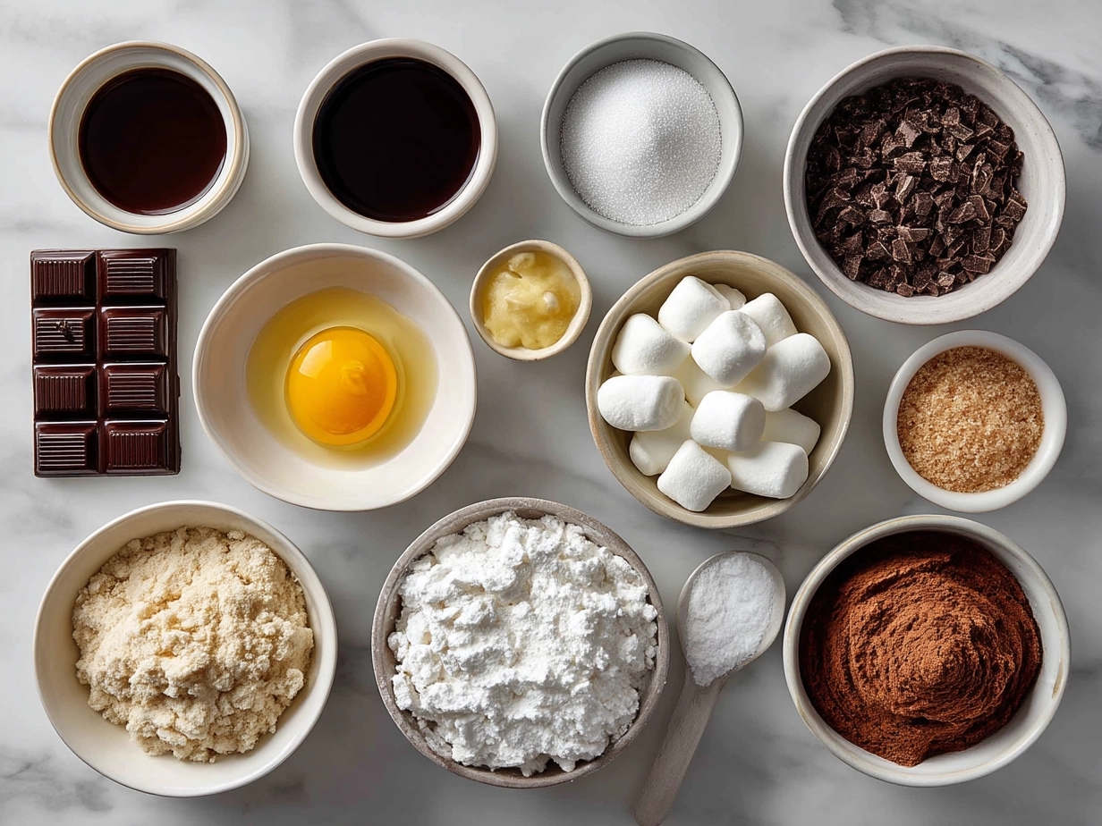 Top-down view of raw ingredients for chocolate marshmallow swirl cookies on white marble