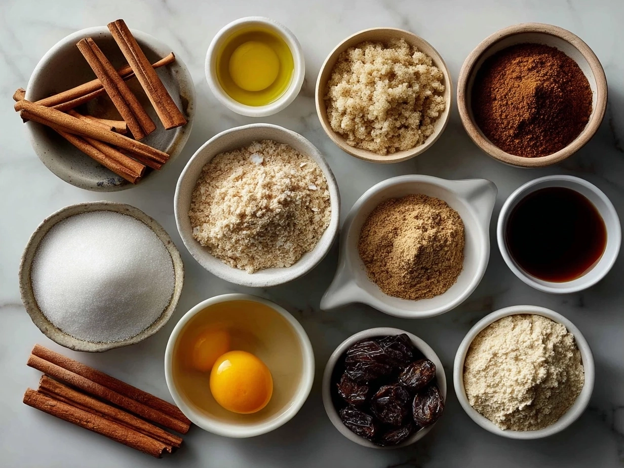 Top down view of raw ingredients for cinnamon roll pancakes arranged neatly on a marble countertop