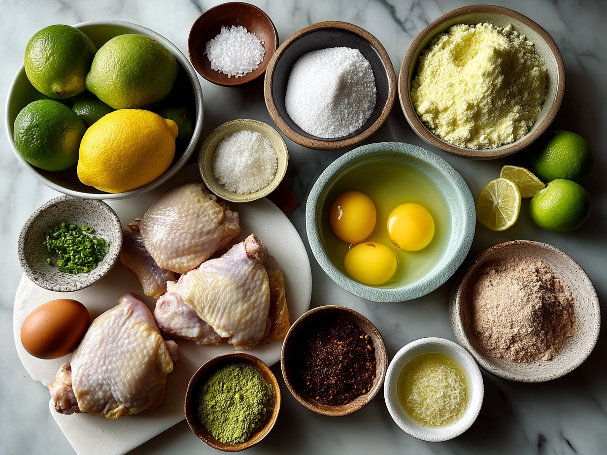 Top-down view of raw ingredients for Citrus Chicken Thighs including chicken, citrus, garlic, and herbs