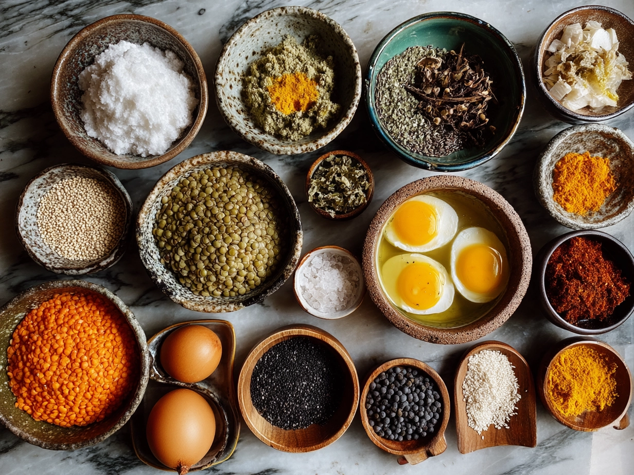 Top-down view of raw ingredients for Coconut Curry Lentil Soup laid out on marble surface