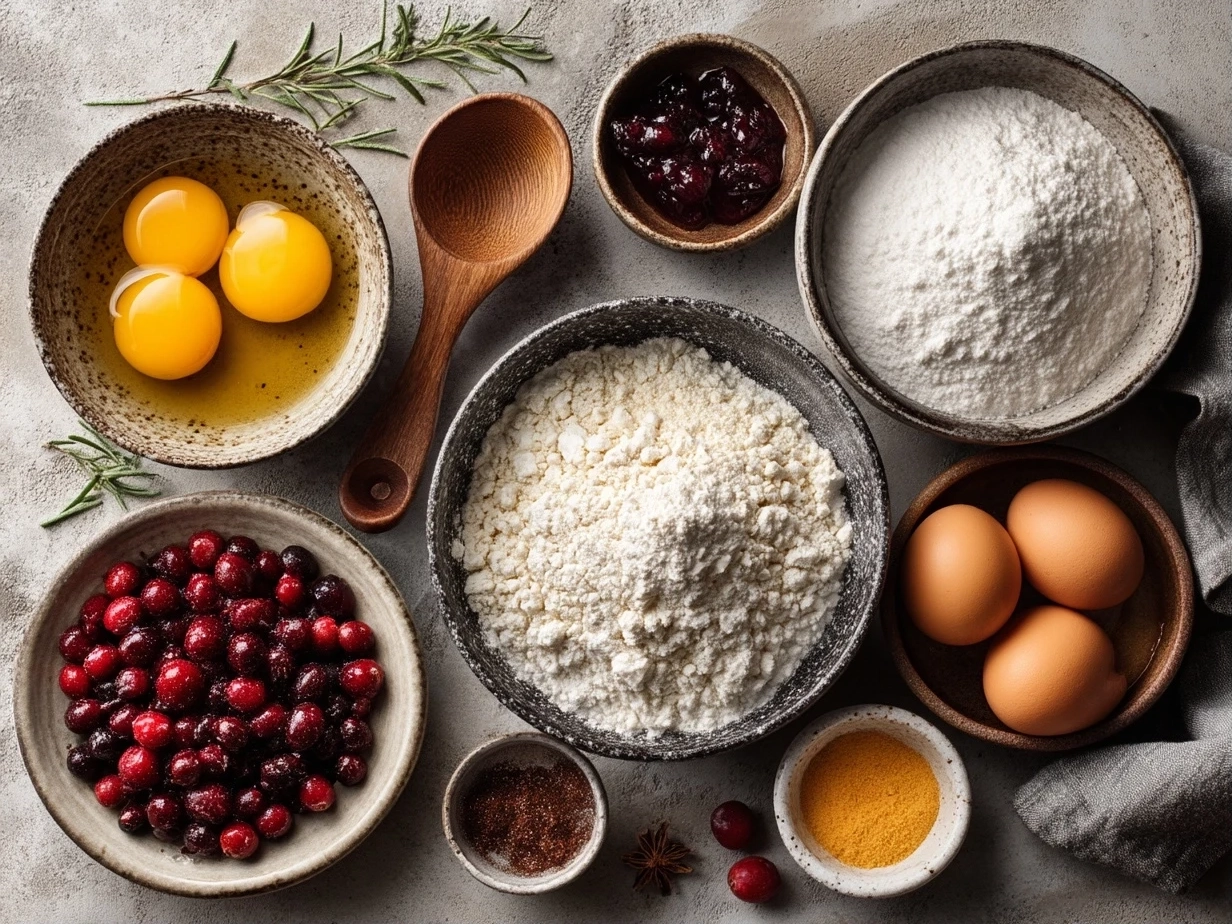 Top down view of raw ingredients for cranberry orange scones on a marble surface in a modern kitchen