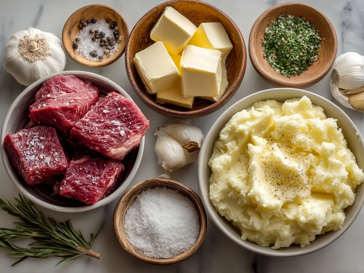 Raw ingredients for Garlic Butter Beef Bites with Creamy Mashed Potatoes laid out on marble surface in an organized mise en place