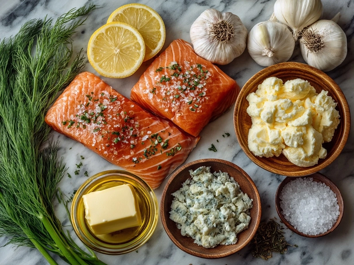 Raw ingredients for Garlic Butter Lemon Salmon arranged on marble surface