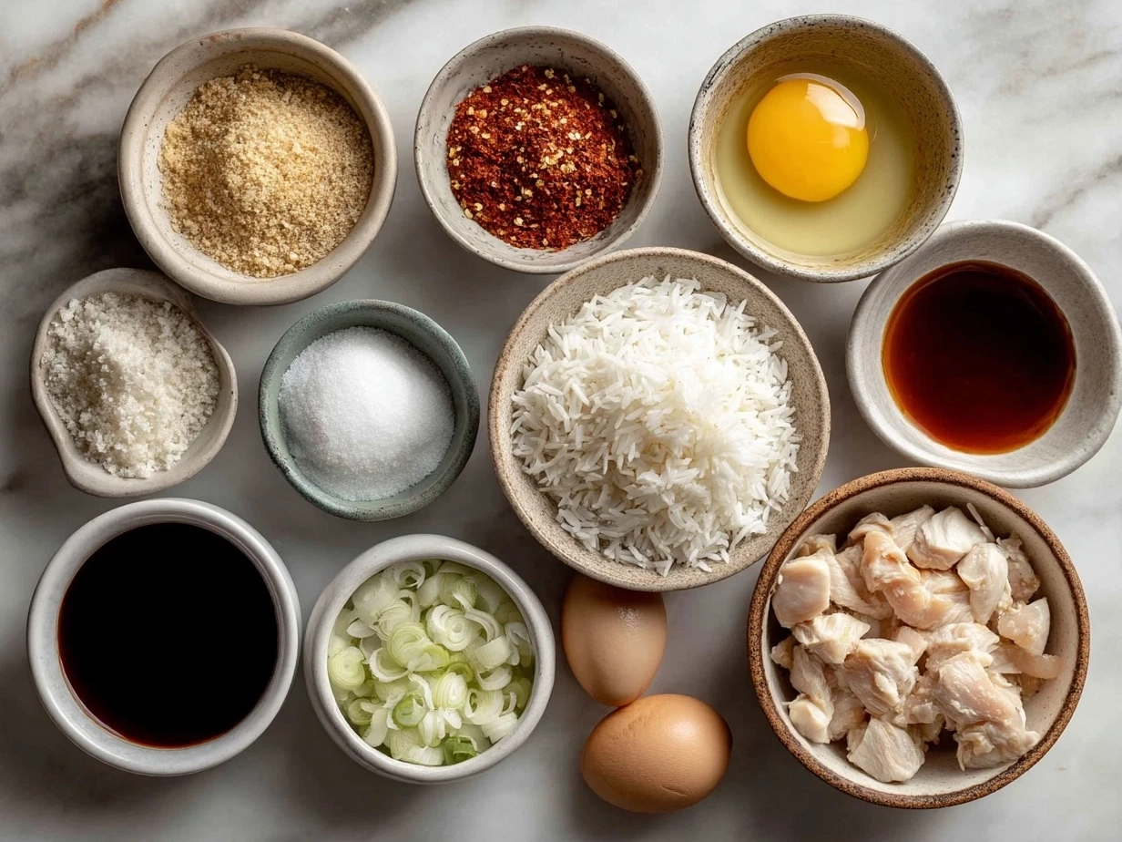 Top down view of raw ingredients for Honey Sriracha Chicken Rice Bowls arranged on marble counter in a modern kitchen mise en place
