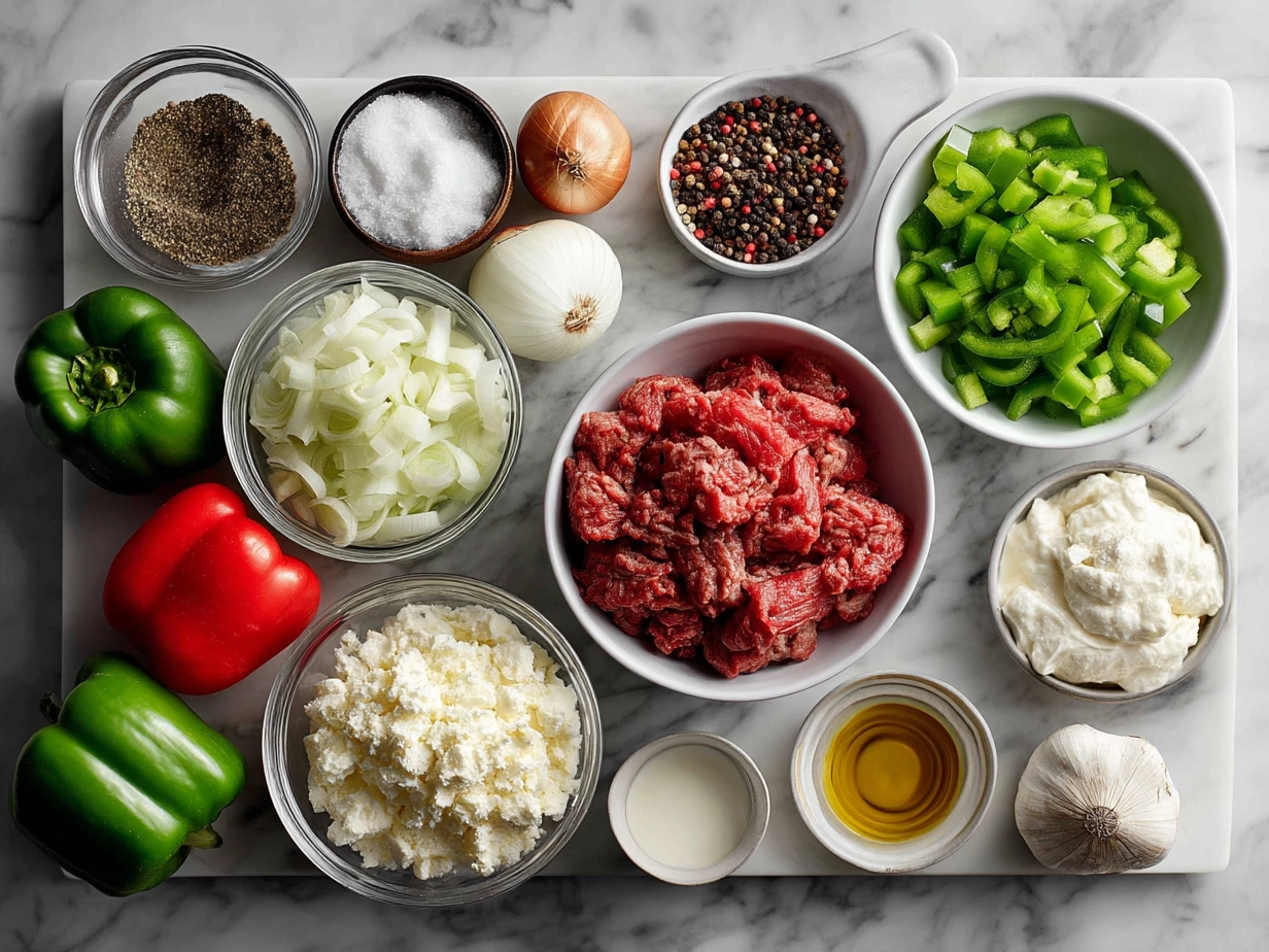 Top down view of raw ingredients for Loaded Philly Cheesesteak Sliders on a marble surface with organized mise en place