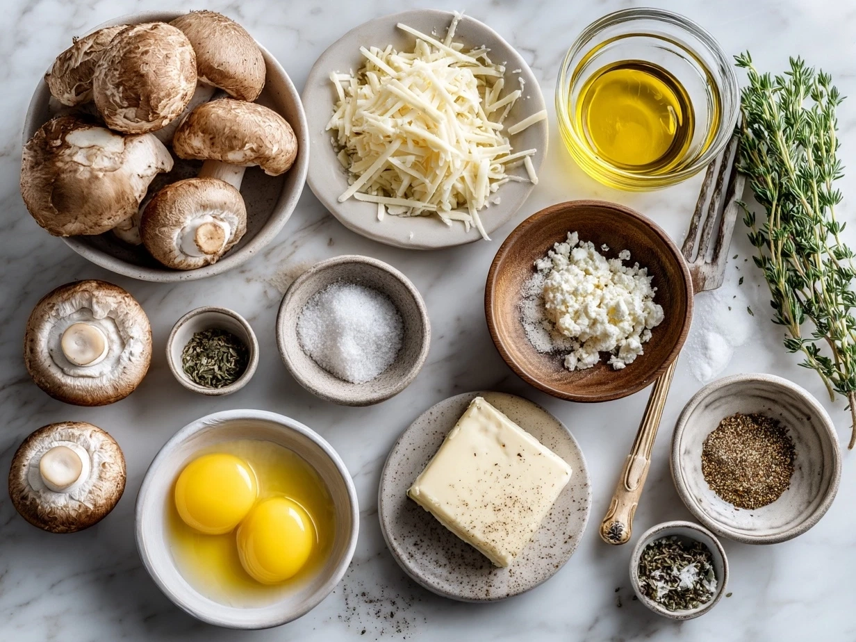 Top-down view of raw ingredients for Mini Mushroom Swiss Sliders including ground beef, slider buns, Swiss cheese, mushrooms, onions, and seasonings