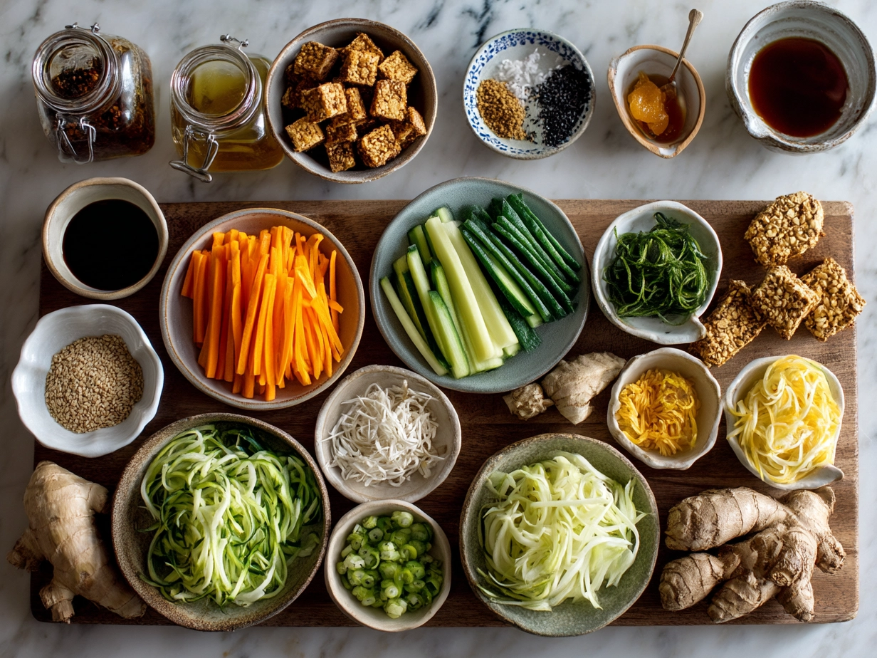 Ingredients for Orange Glazed Tempeh Stir Fry arranged on marble surface