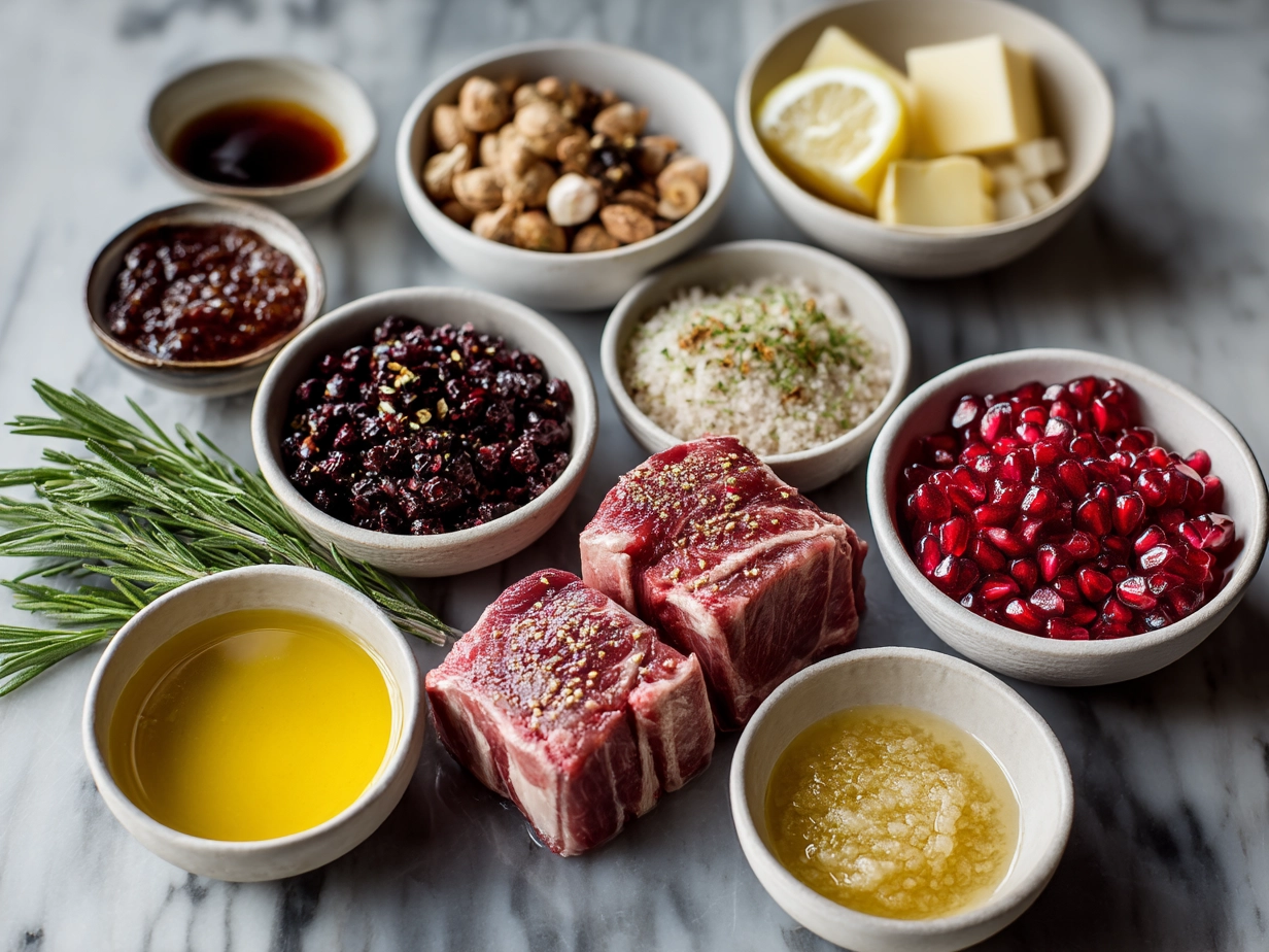 Top down view of raw ingredients including lamb chops, pomegranate molasses, garlic, rosemary, olive oil and spices for pomegranate glazed lamb chops