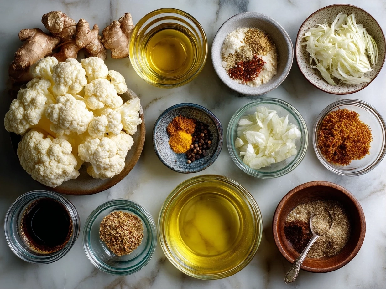 Top-down view of raw ingredients for roasted cauliflower curry soup on marble kitchen surface