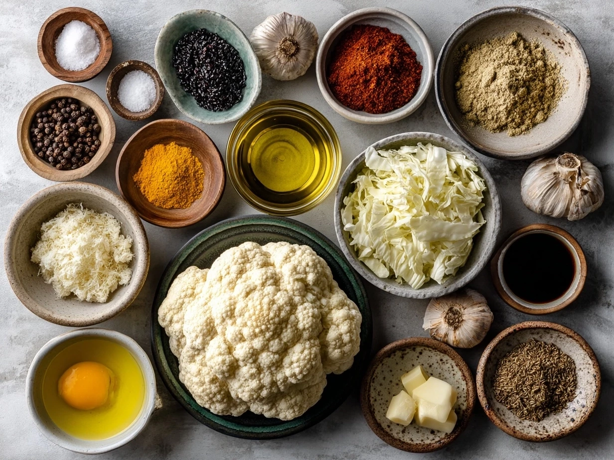 Top down raw ingredients for roasted cauliflower soup on marble, modern kitchen organized mise-en-place