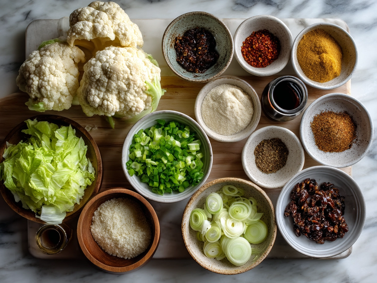 Top-down view of raw ingredients for roasted cauliflower tacos laid out on a marble surface for an organized kitchen mise en place