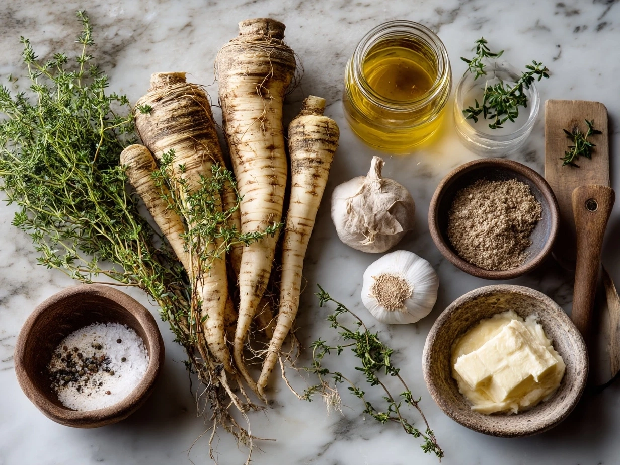 Top down view of raw ingredients for Roasted Parsnip Soup with Thyme including parsnips, onions, garlic, olive oil, and fresh thyme