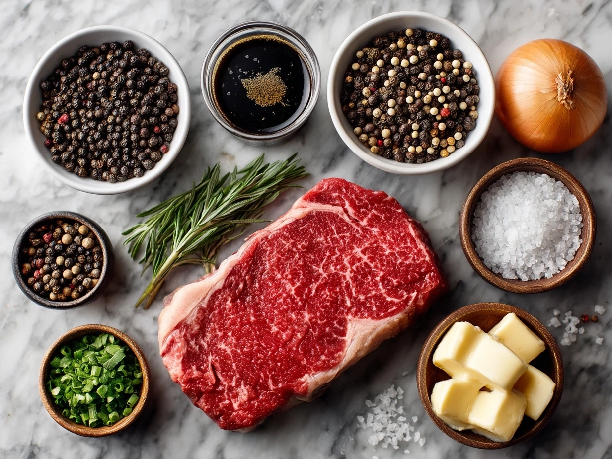 Top down raw ingredients for steak with peppercorn sauce on marble, modern kitchen organized mise en place