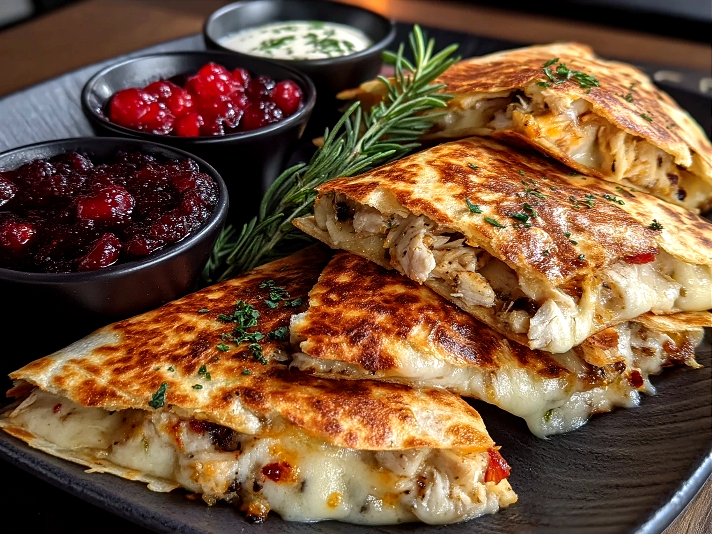 Plated Turkey Cranberry Quesadillas served with salad and dipping sauce