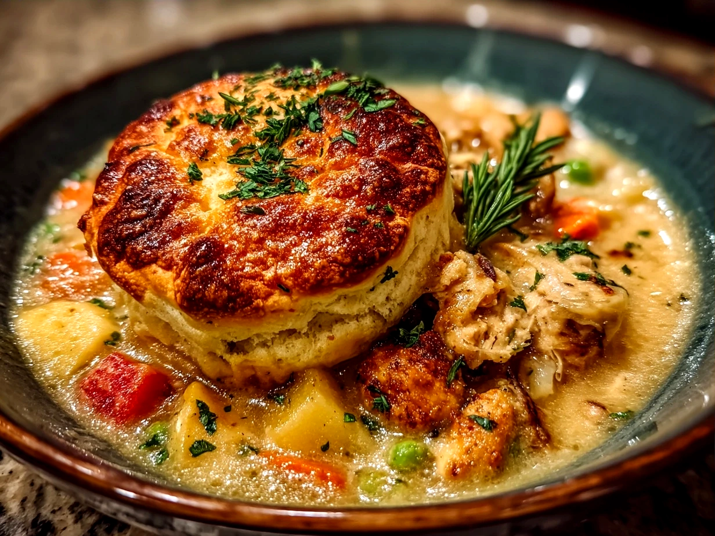 Served Turkey Pot Pie with Biscuit Topping with golden biscuit crust, alongside a green salad