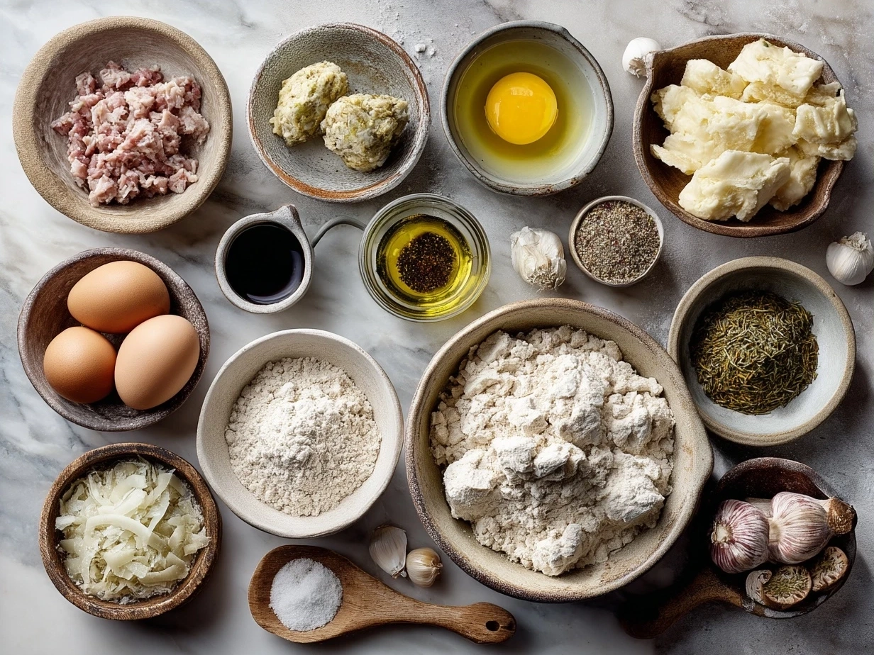 Ingredients for Turkey Pot Pie with Biscuit Topping including cooked turkey, carrots, peas, celery, onion, garlic, butter, flour, broth, milk, herbs, and biscuit dough