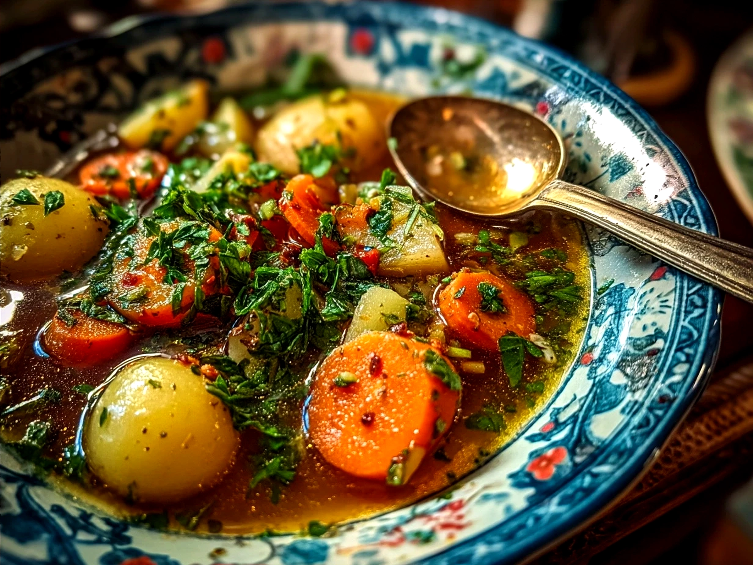 Bowl of steaming hot Vegetable Soup garnished with fresh herbs and croutons