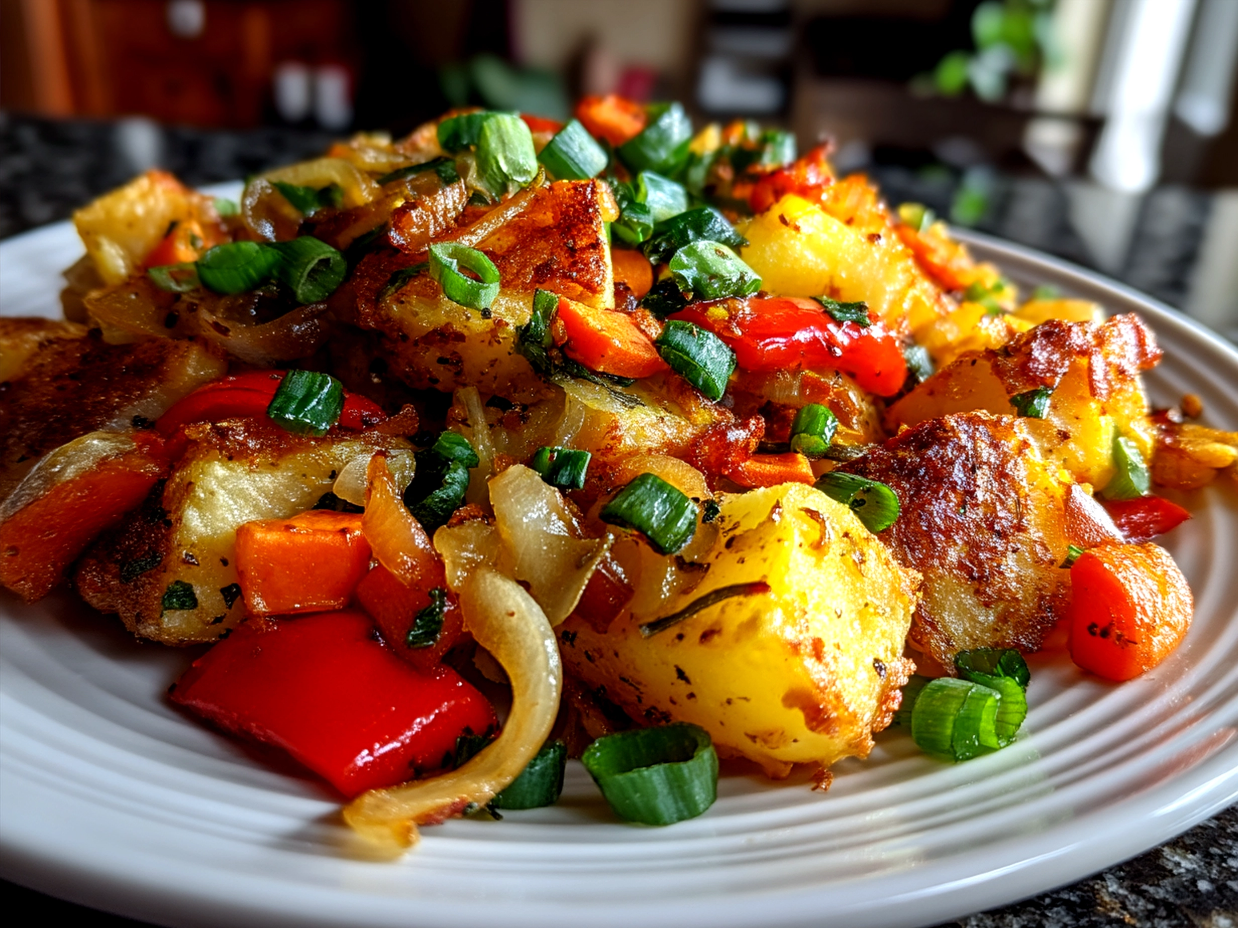Served Veggie Sheet Pan Hash garnished with fresh herbs on a plate, ready to eat