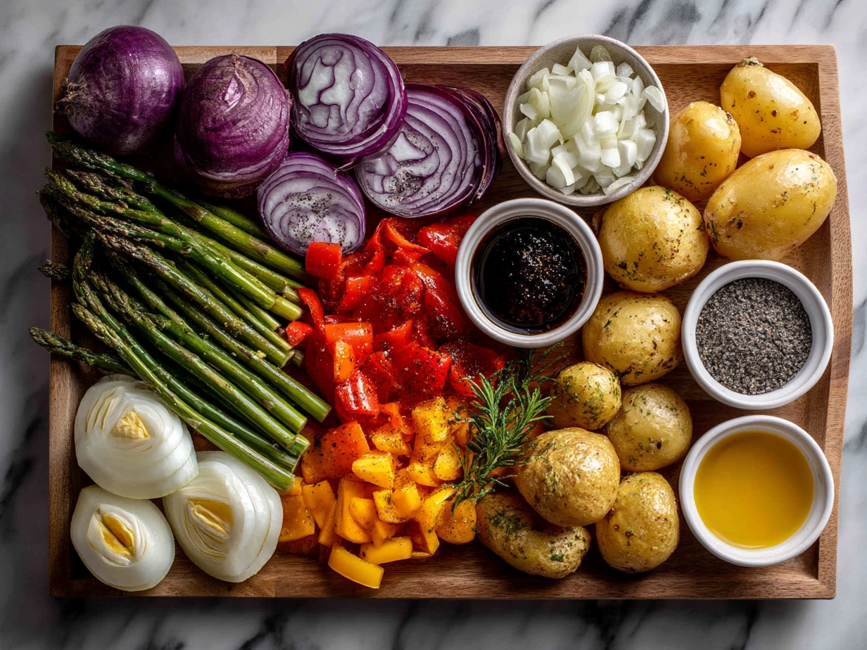 Ingredients for Veggie Sheet Pan Hash with potatoes, peppers, onions, zucchini, tomatoes, and spices