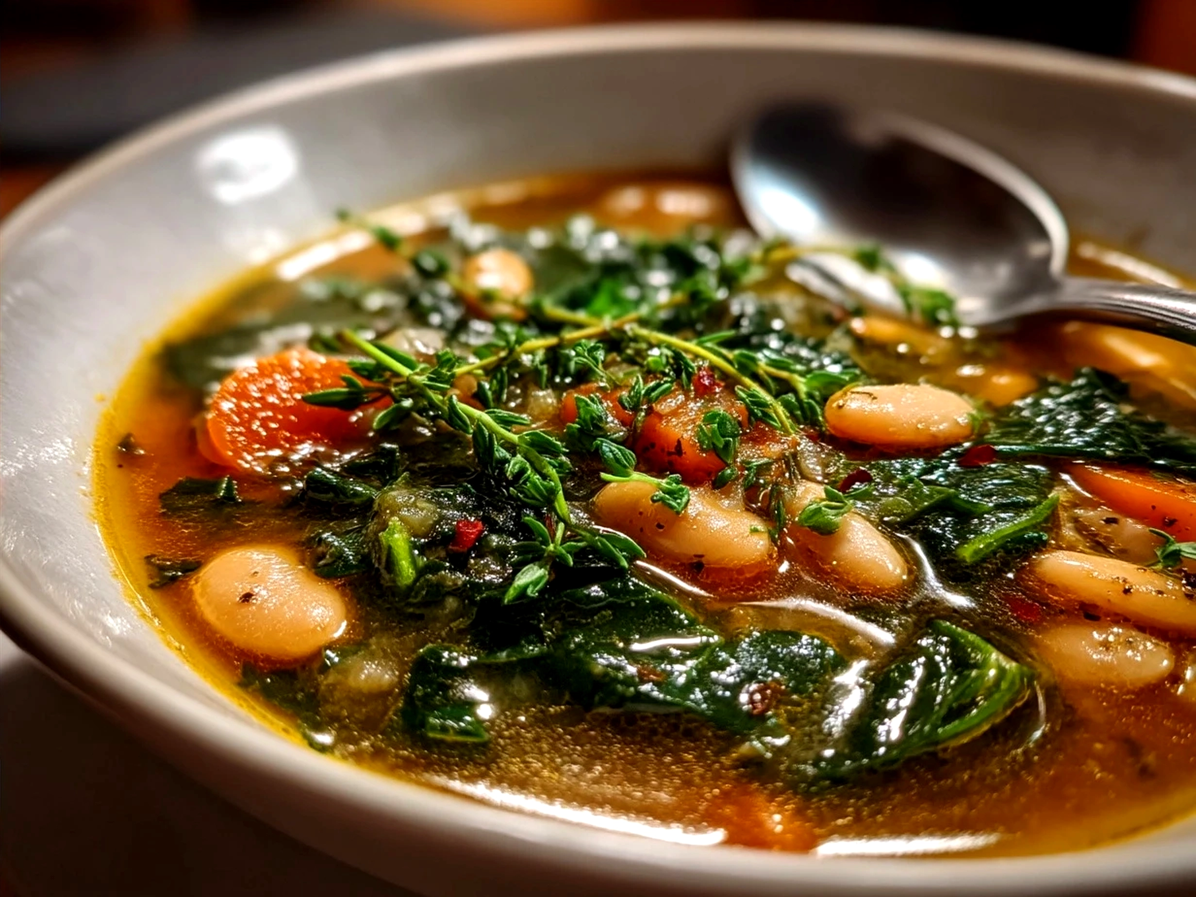 Bowl of White Bean Kale Soup served with lemon wedge and crusty bread
