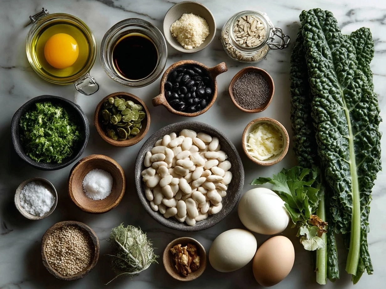 Ingredients for White Bean Kale Soup including navy beans, kale, onion, garlic, carrots, celery, vegetable broth, diced tomatoes, thyme, red pepper flakes, bay leaf, olive oil, and lemon
