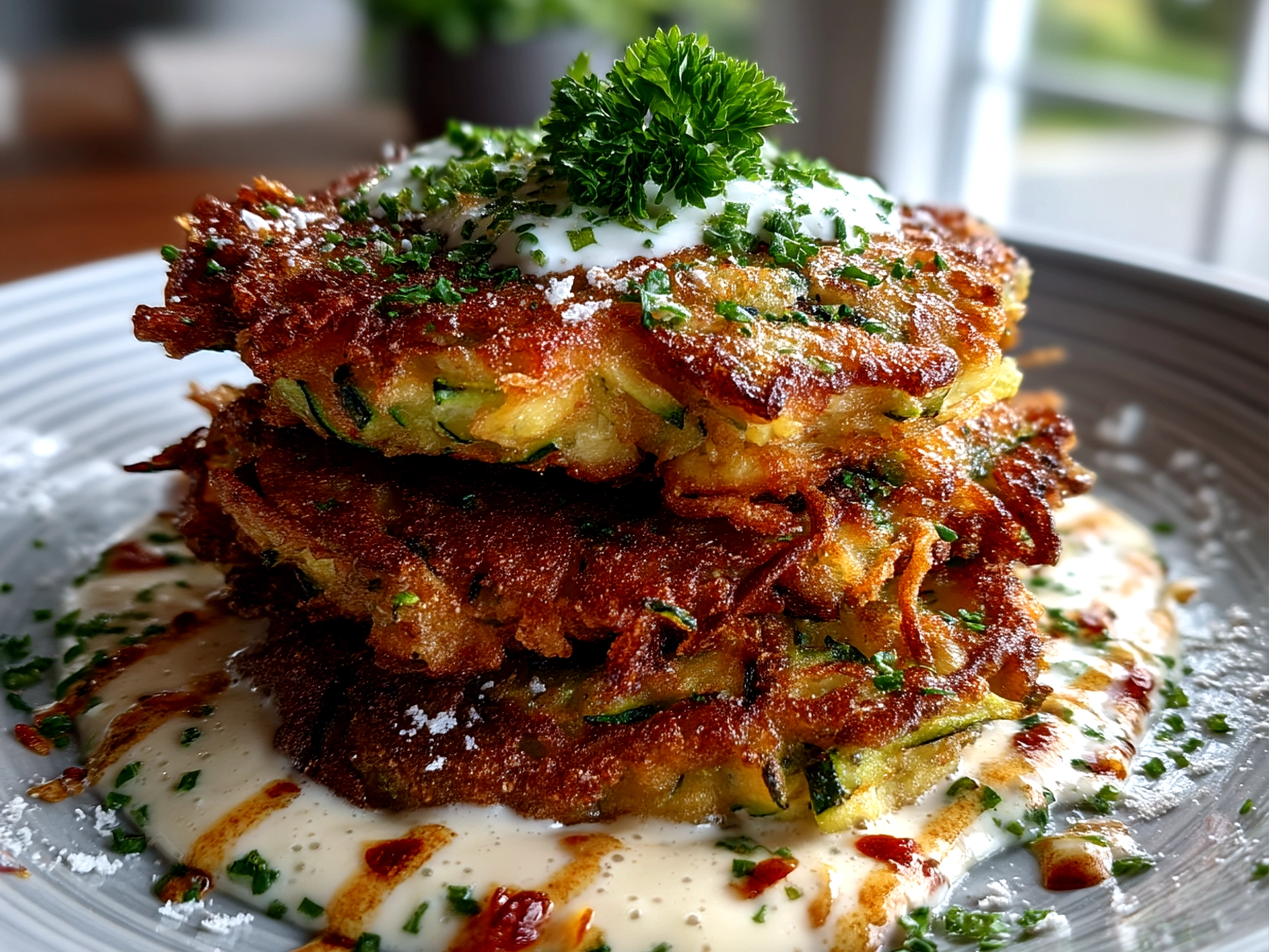 Finished plated Zucchini Fritter Stack with Herb Yogurt Sauce ready to serve