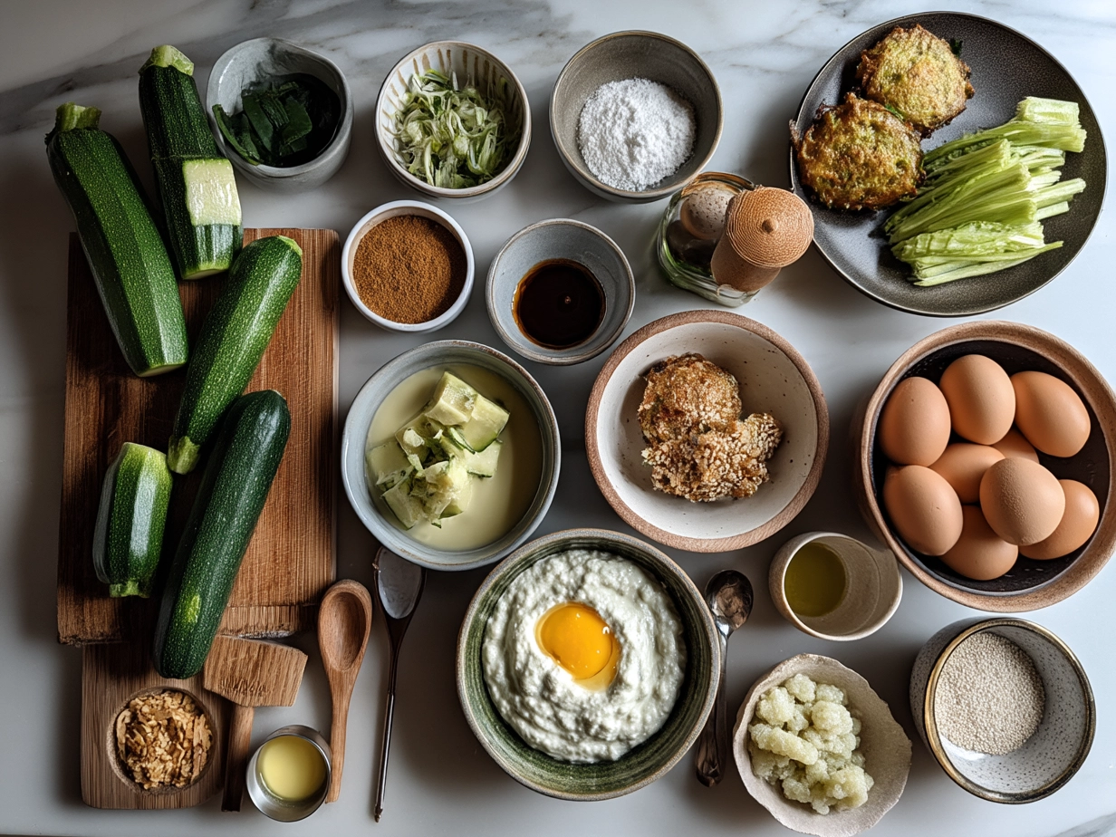 Ingredients for Zucchini Fritter Stack with Yogurt Sauce on a wooden table
