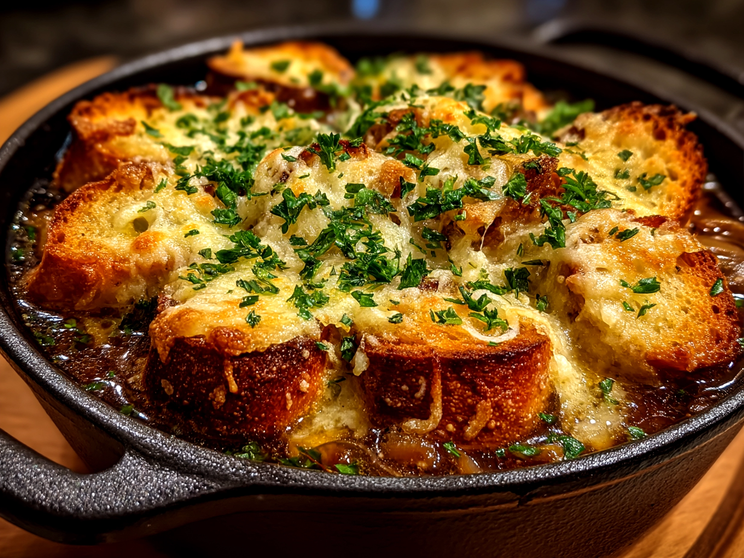 Close up of finished comforting Dutch Oven French Onion Soup in oven-safe bowl