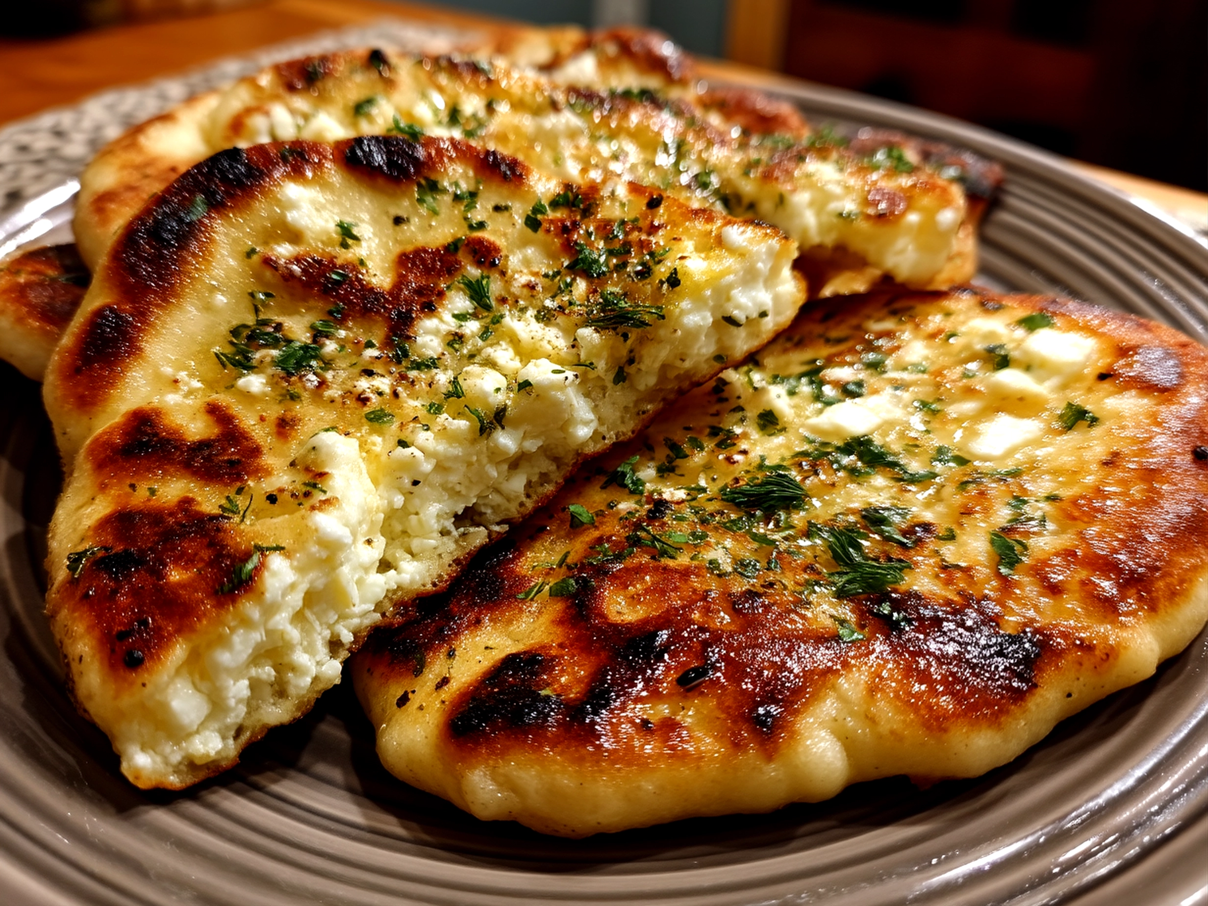 Freshly cooked garlic cottage cheese naan stacked on a platter ready to serve