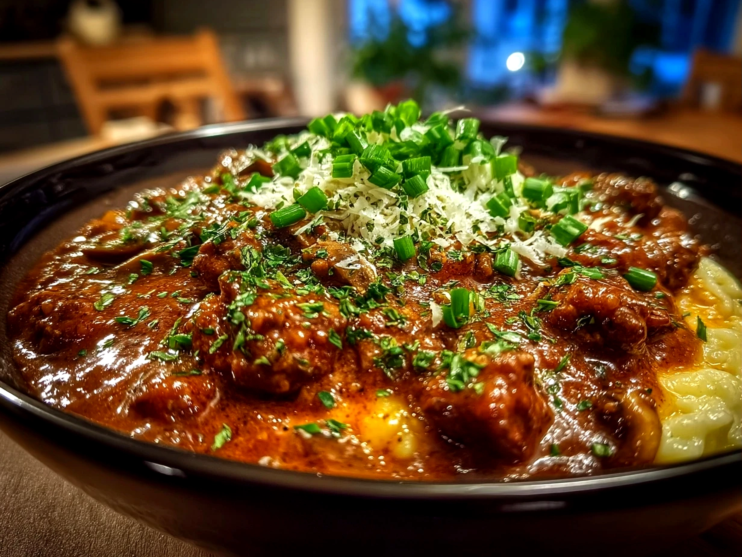 Close up of finished comforting Ground Beef Stroganoff served piping hot, rich and inviting.