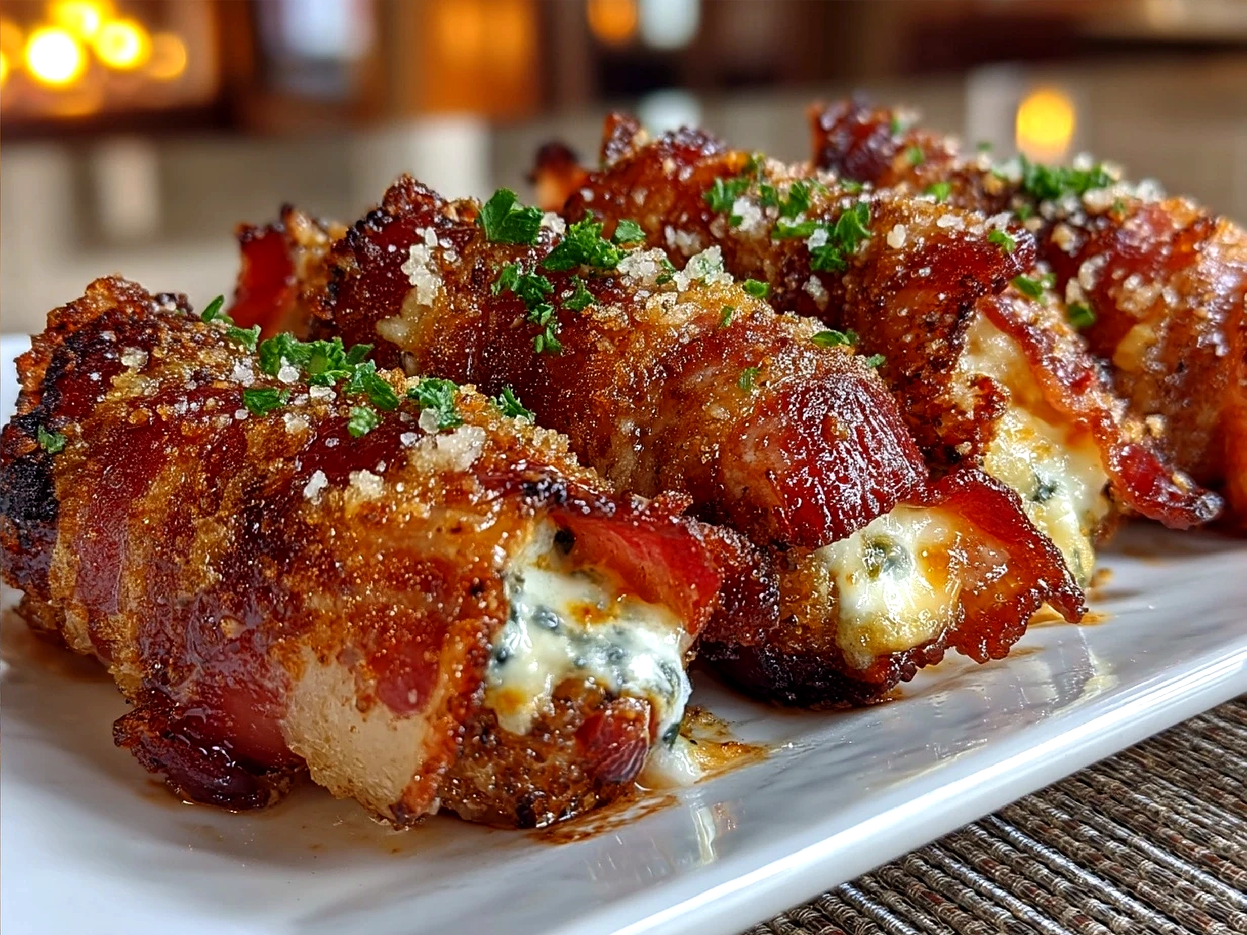 Plated Bacon Wrapped Grilled Cheese Fingers arranged appealingly with garnish