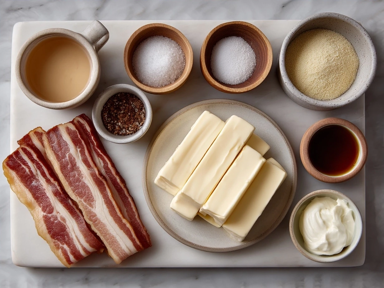 Ingredients for Bacon Wrapped Grilled Cheese Fingers showing bacon, bread, shredded cheese, and spices
