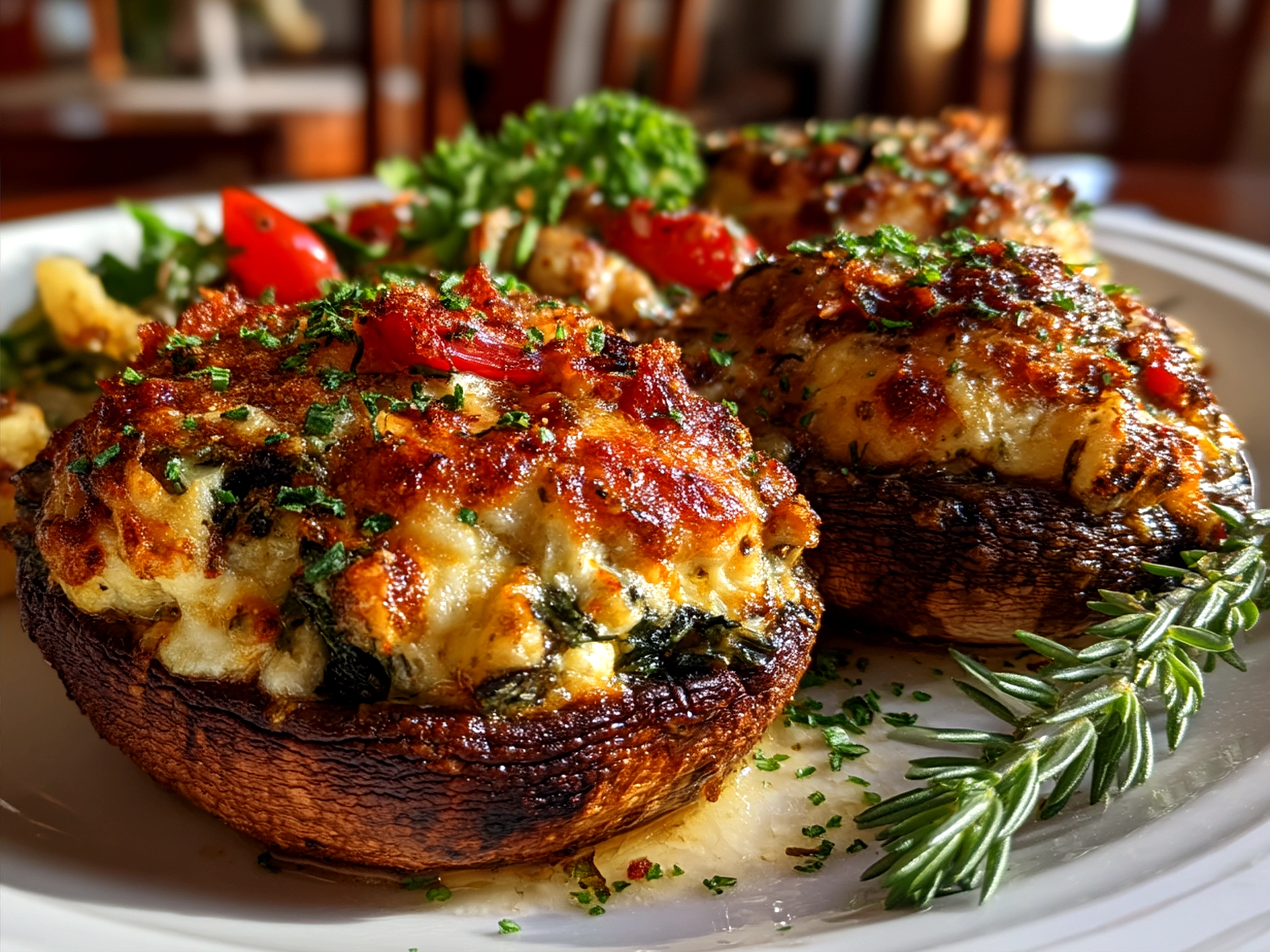 Finished Baked Stuffed Portobello Mushrooms garnished with fresh parsley on rustic board