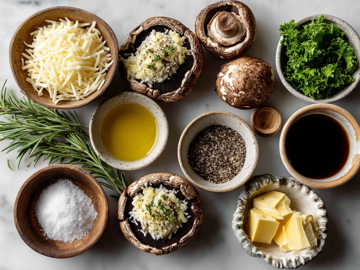 Ingredients for Baked Stuffed Portobello Mushrooms including portobello caps, olive oil, spinach, cheese, and spices
