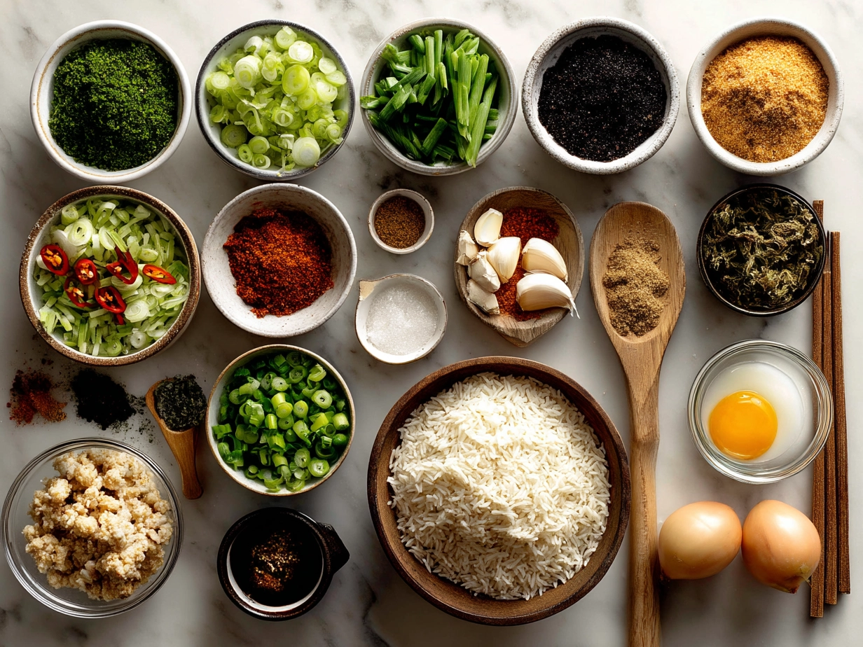Ingredients for Bang Bang Fried Rice including jasmine rice, chicken, eggs, green onions, bell peppers, garlic, oils, and sauces