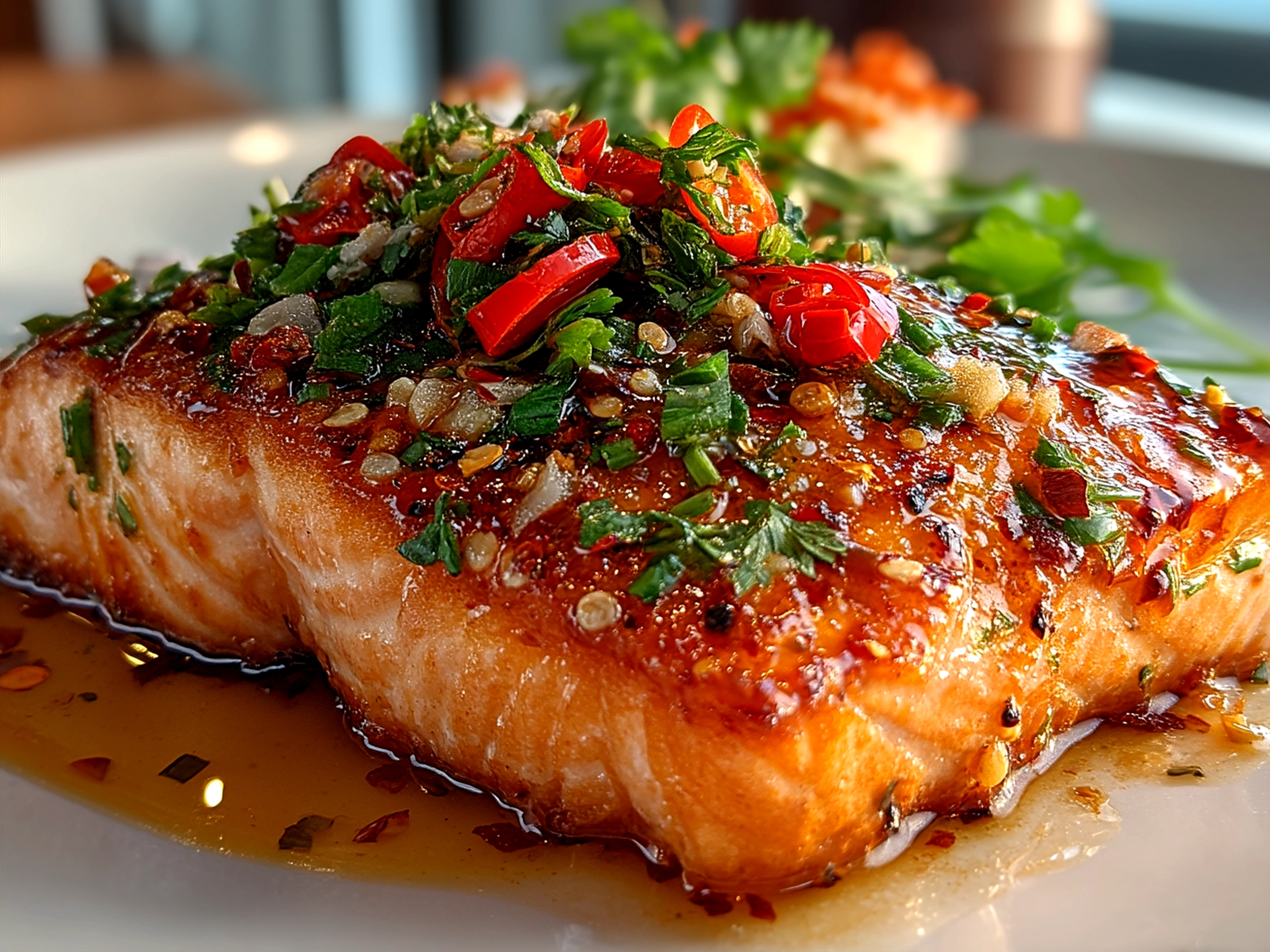 Finished Bang Bang Salmon plated with rice, avocado, and green onions