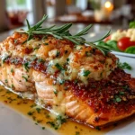 Beautiful crab and shrimp stuffed salmon plated on white dish
