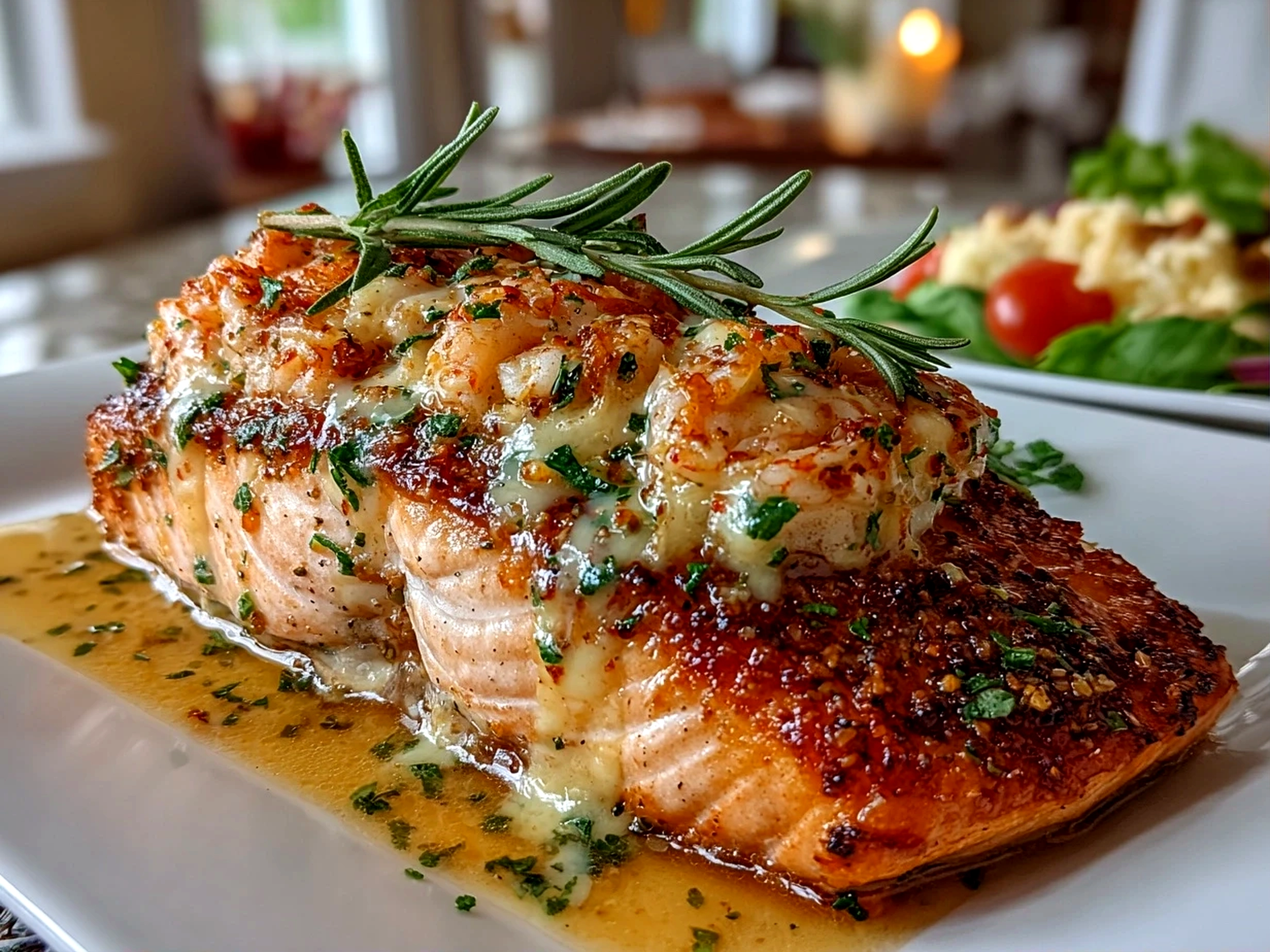 Beautiful crab and shrimp stuffed salmon plated on white dish