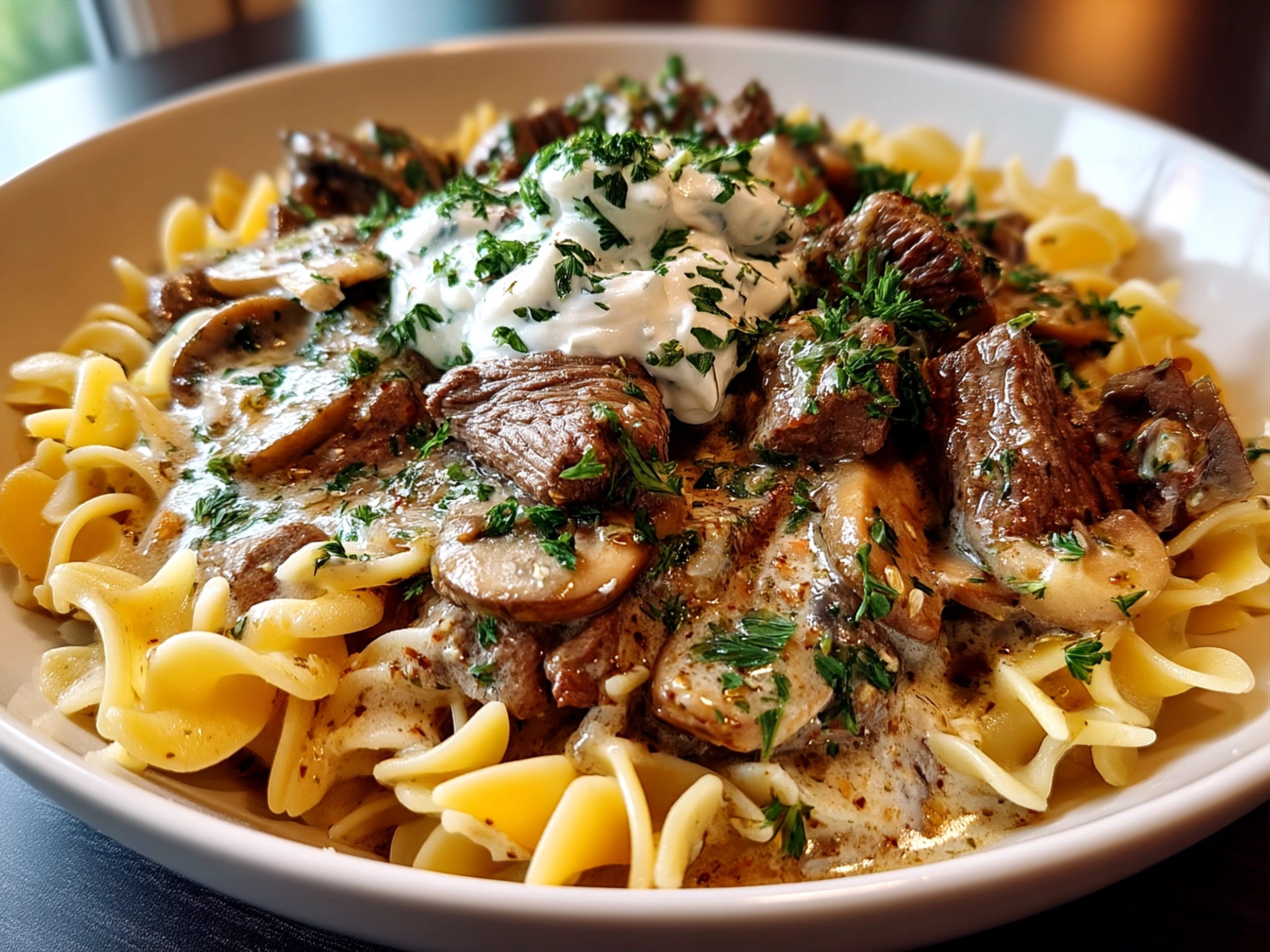 Plated Beef Stroganoff With Sour Cream served with noodles and garnished with parsley
