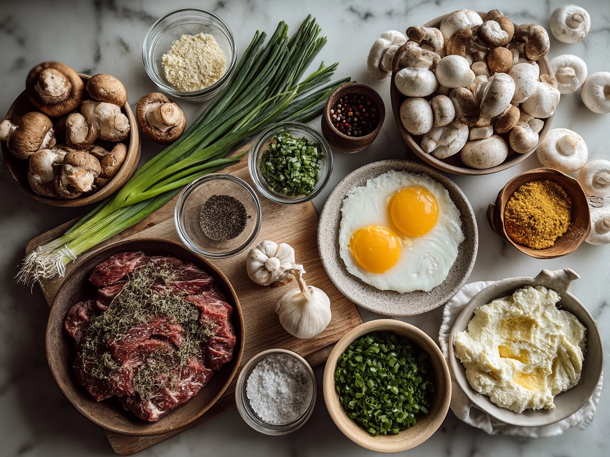 Ingredients for Beef Stroganoff With Sour Cream including beef, mushrooms, sour cream, and spices