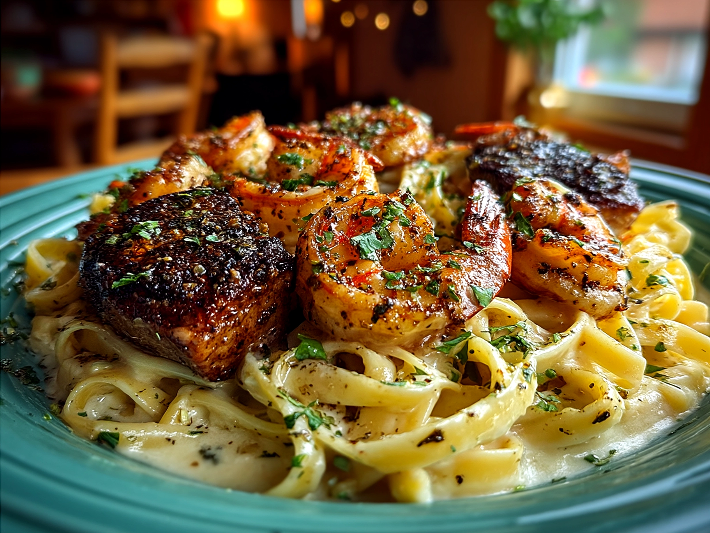 Deliciously plated Blackened Steak Shrimp Alfredo pasta with sprinkling of fresh parsley
