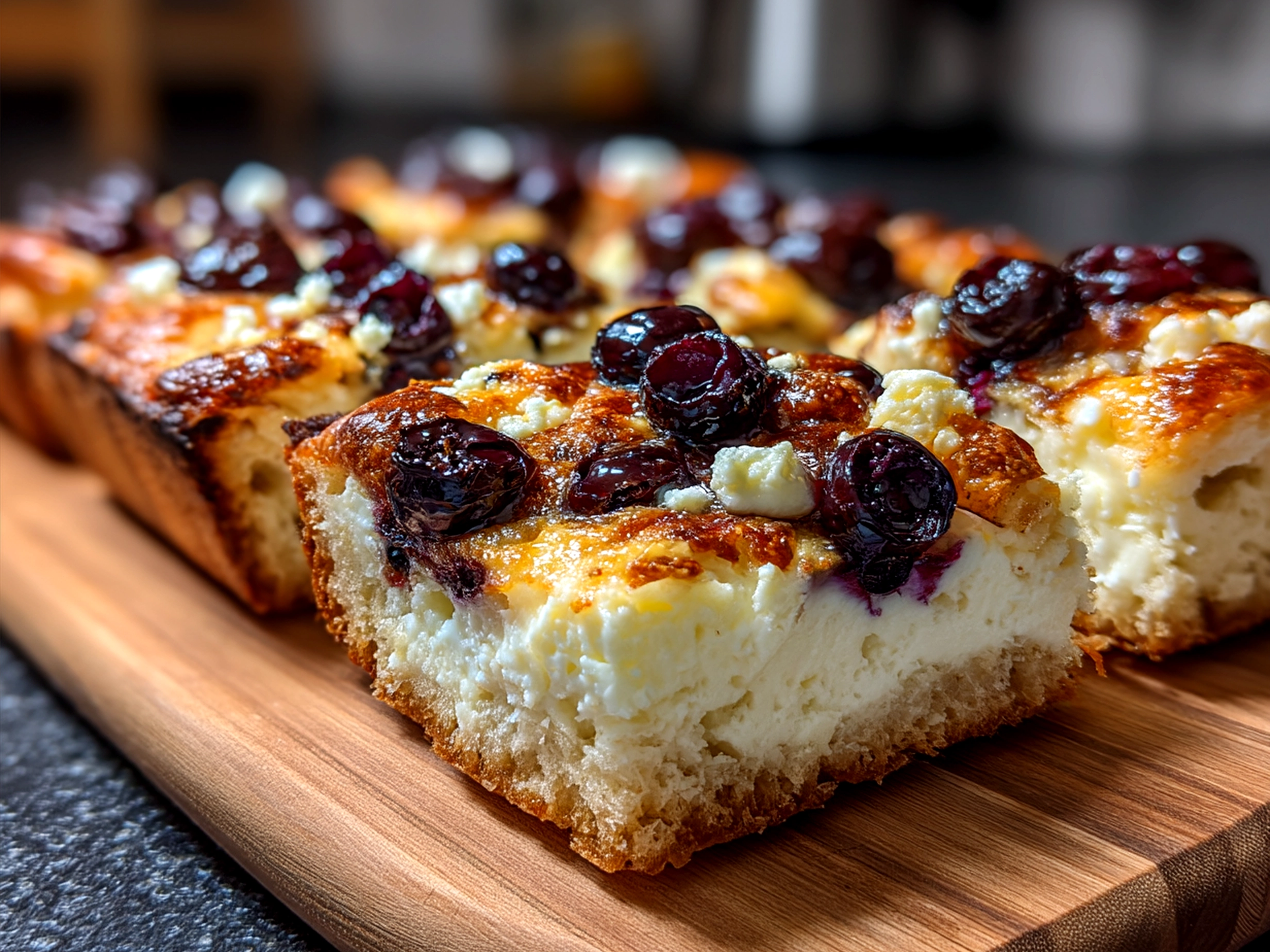 A sliced Blueberry Cheesecake Danish Sourdough Focaccia served on a rustic wooden board