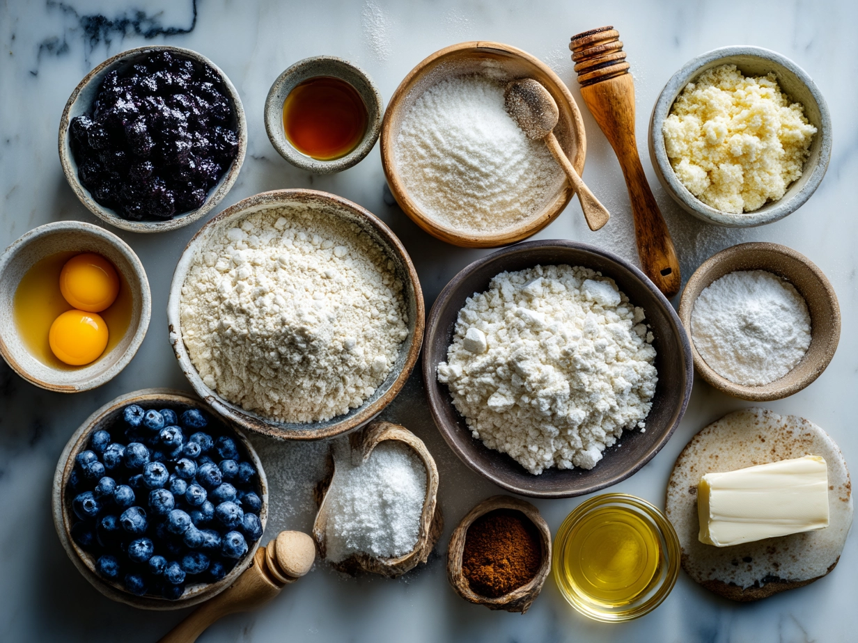 Ingredients for Blueberry Cheesecake Danish Sourdough Focaccia including sourdough starter, flour, cream cheese, blueberries, lemon, and vanilla