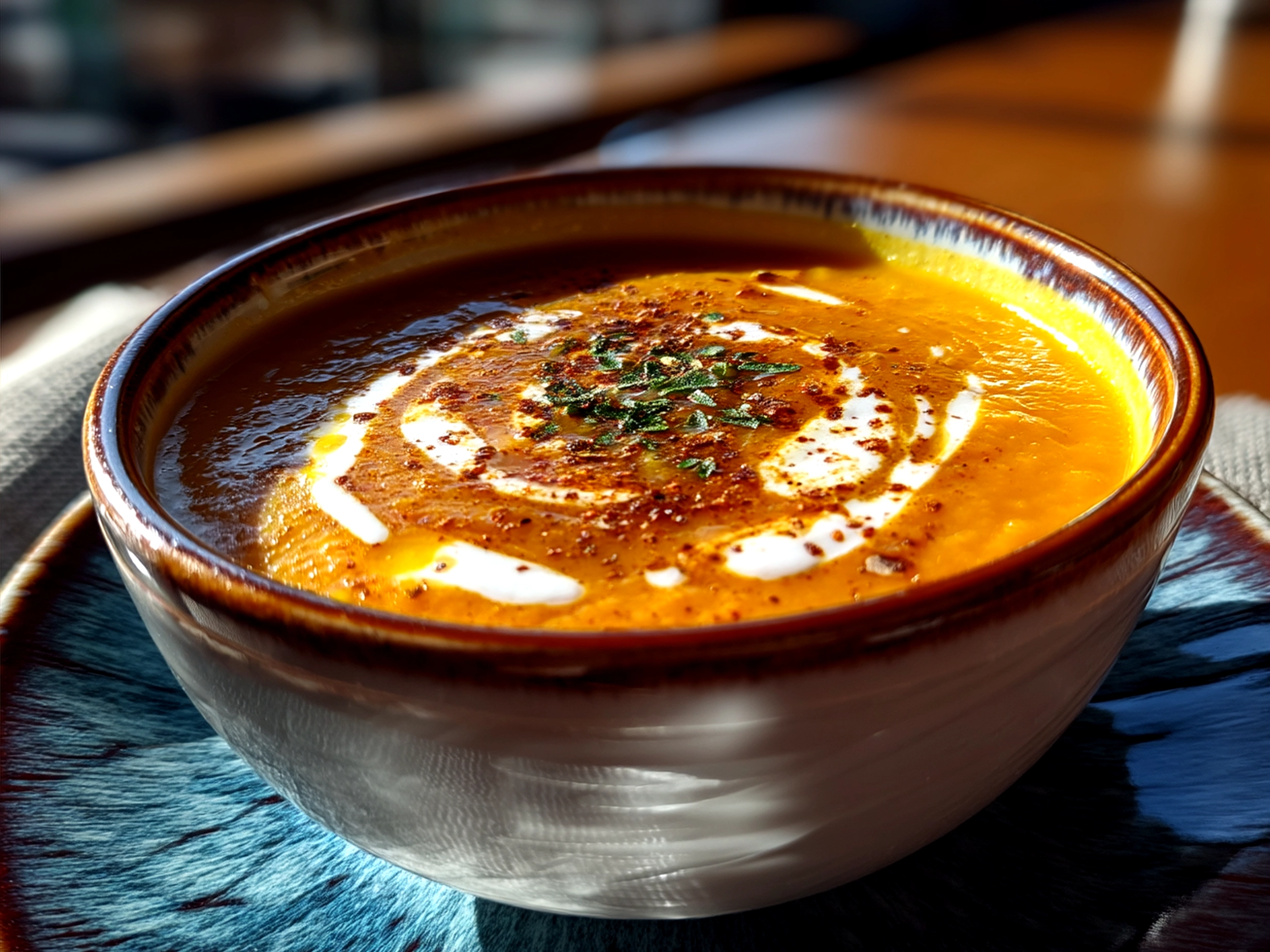Bowl of creamy Butternut Squash Soup garnished with fresh herbs and seeds