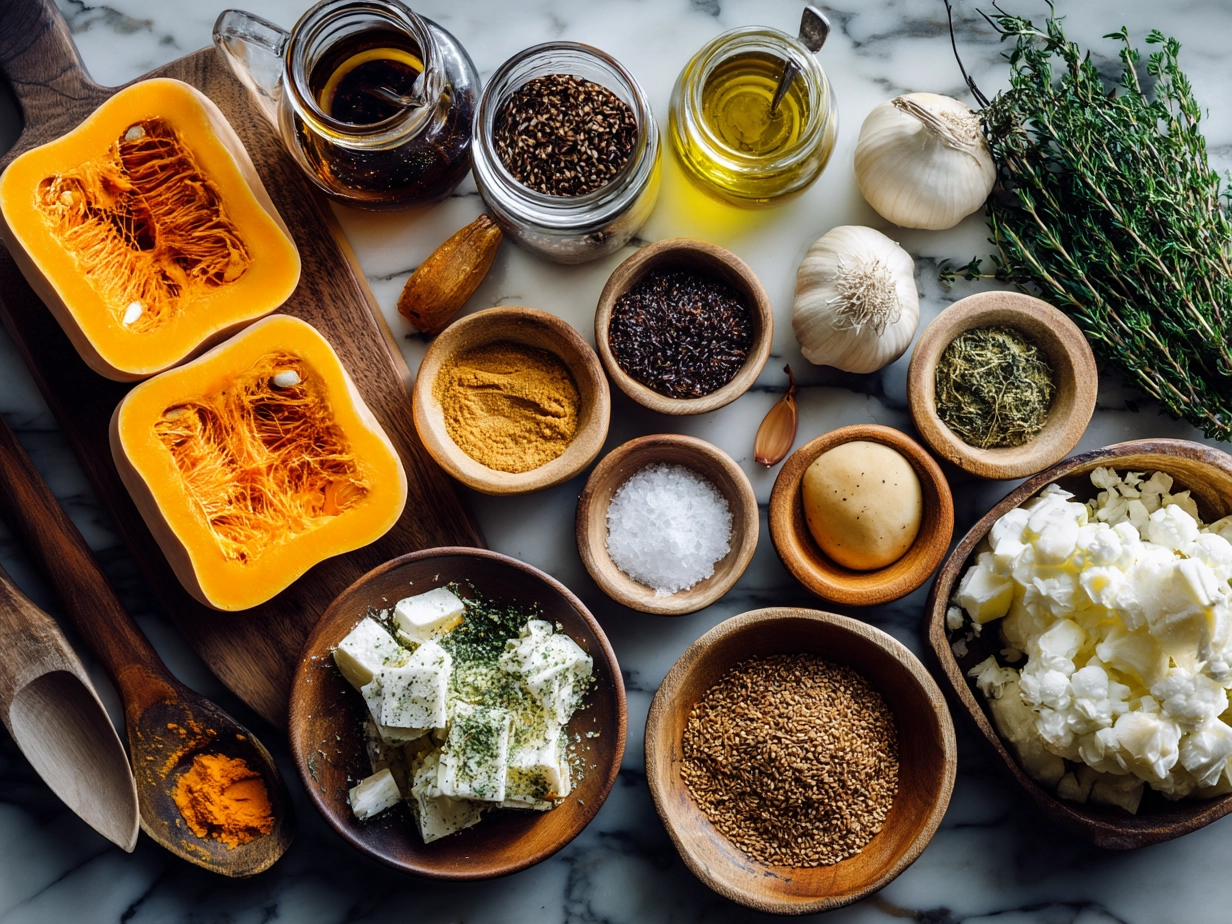 Ingredients for Butternut Squash Soup including butternut squash, olive oil, onion, garlic, spices, vegetable broth, and coconut milk