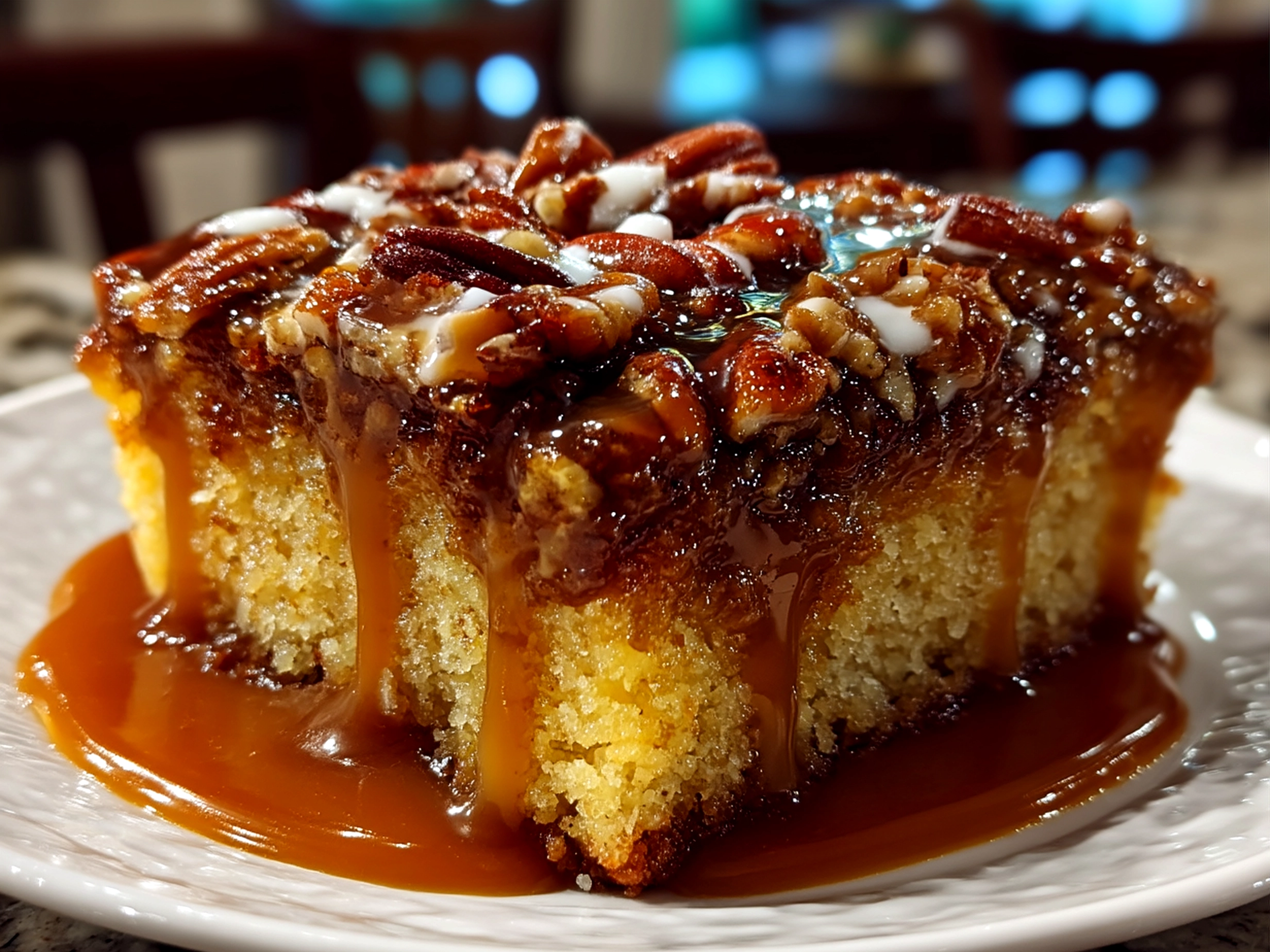 Final served Caramel Butter Pecan Praline Poke Cake with whipped cream topping