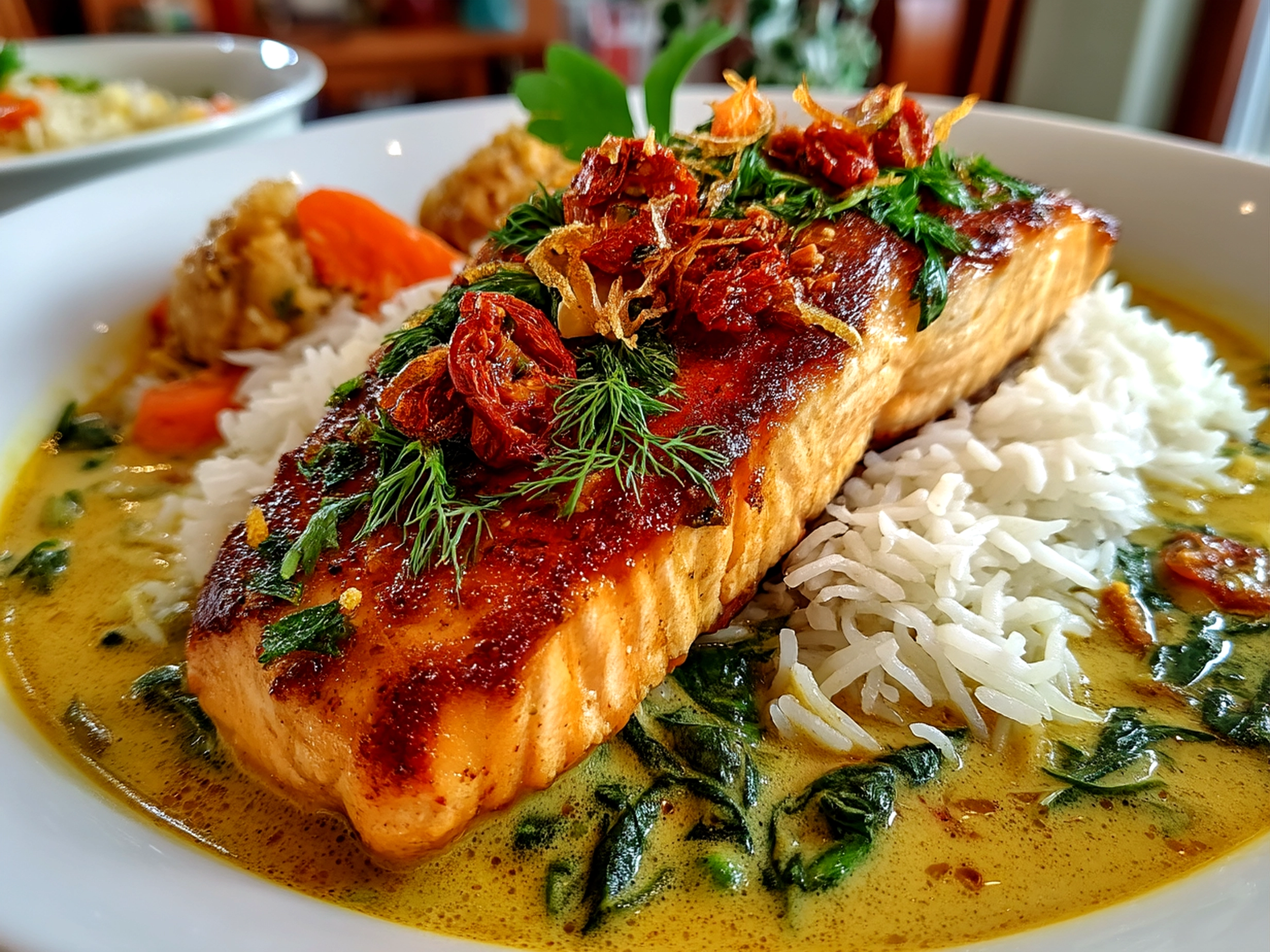 Plated Caribbean-Style Coconut Curry Salmon served with rice and fresh herbs