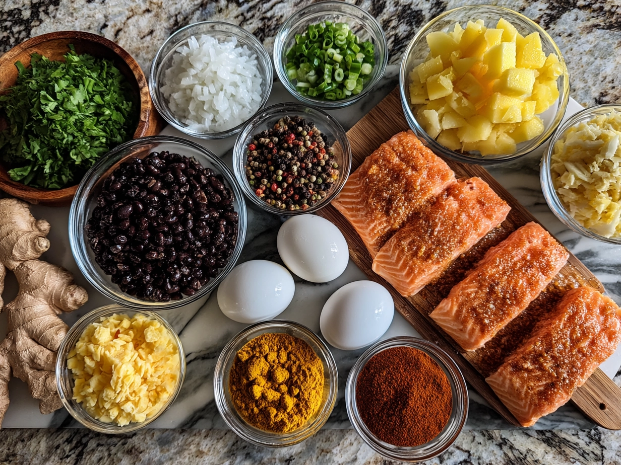 Ingredients for Caribbean-Style Coconut Curry Salmon including salmon fillets, coconut milk, spices, and fresh herbs